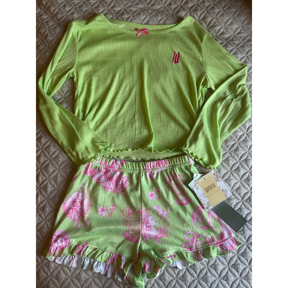 Wicked x Katie Kime Kids Pajama Set Green Pink Glinda Toile Pointelle M 8 NEW